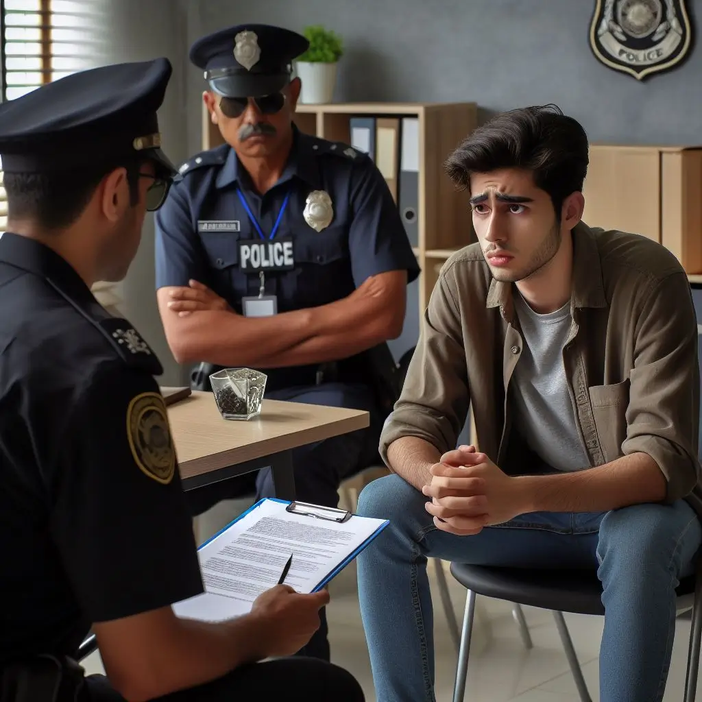 경찰조사를 받고 있는 젊은 남성