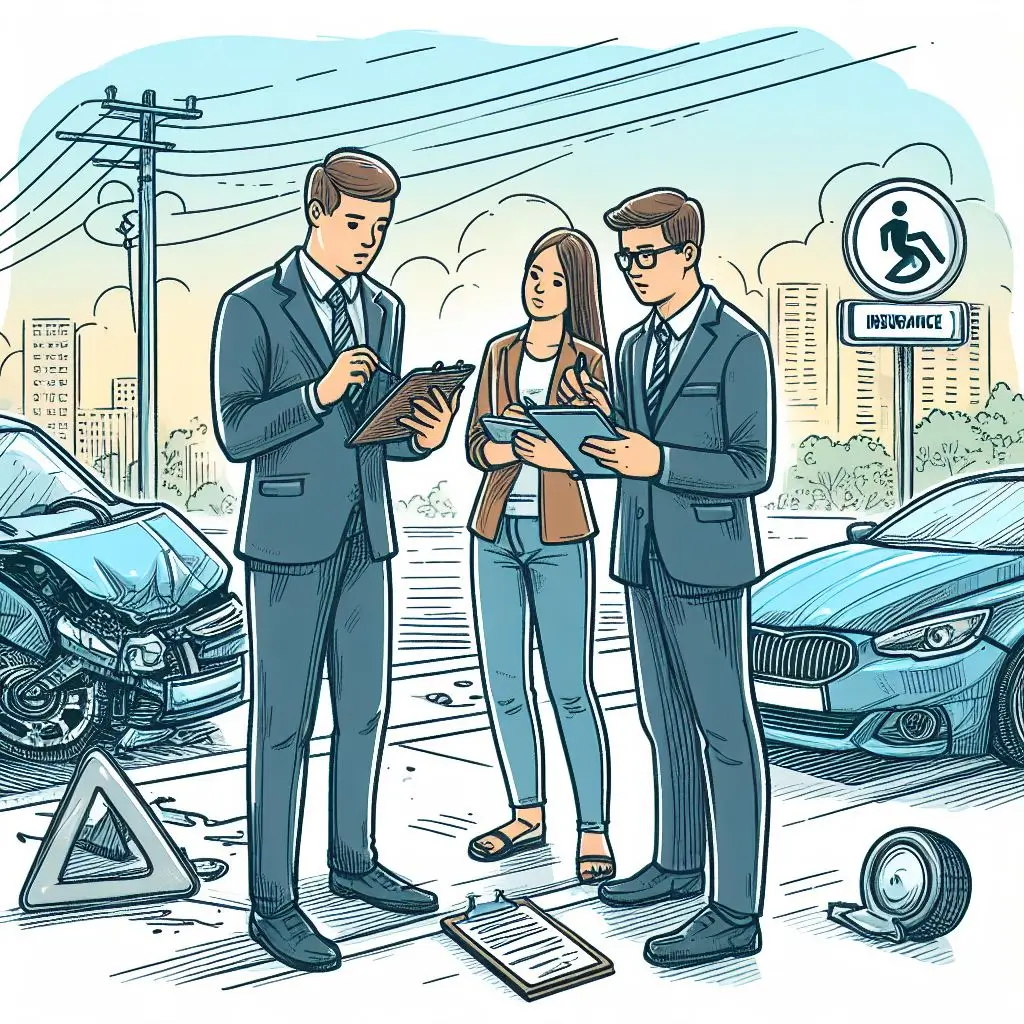 교통사고 현장에서 논의중인 보험사 담당자들